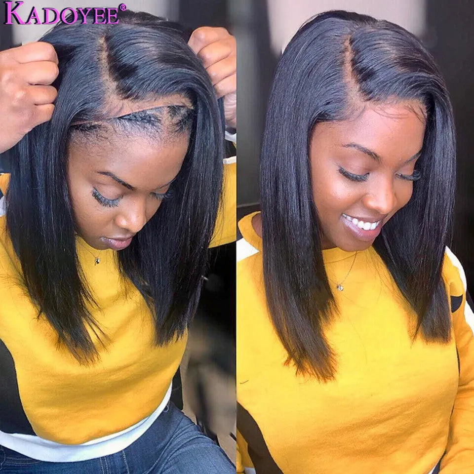 Kadoyee 13x4 lace front human hair wig for women, medium long length, half hand woven style