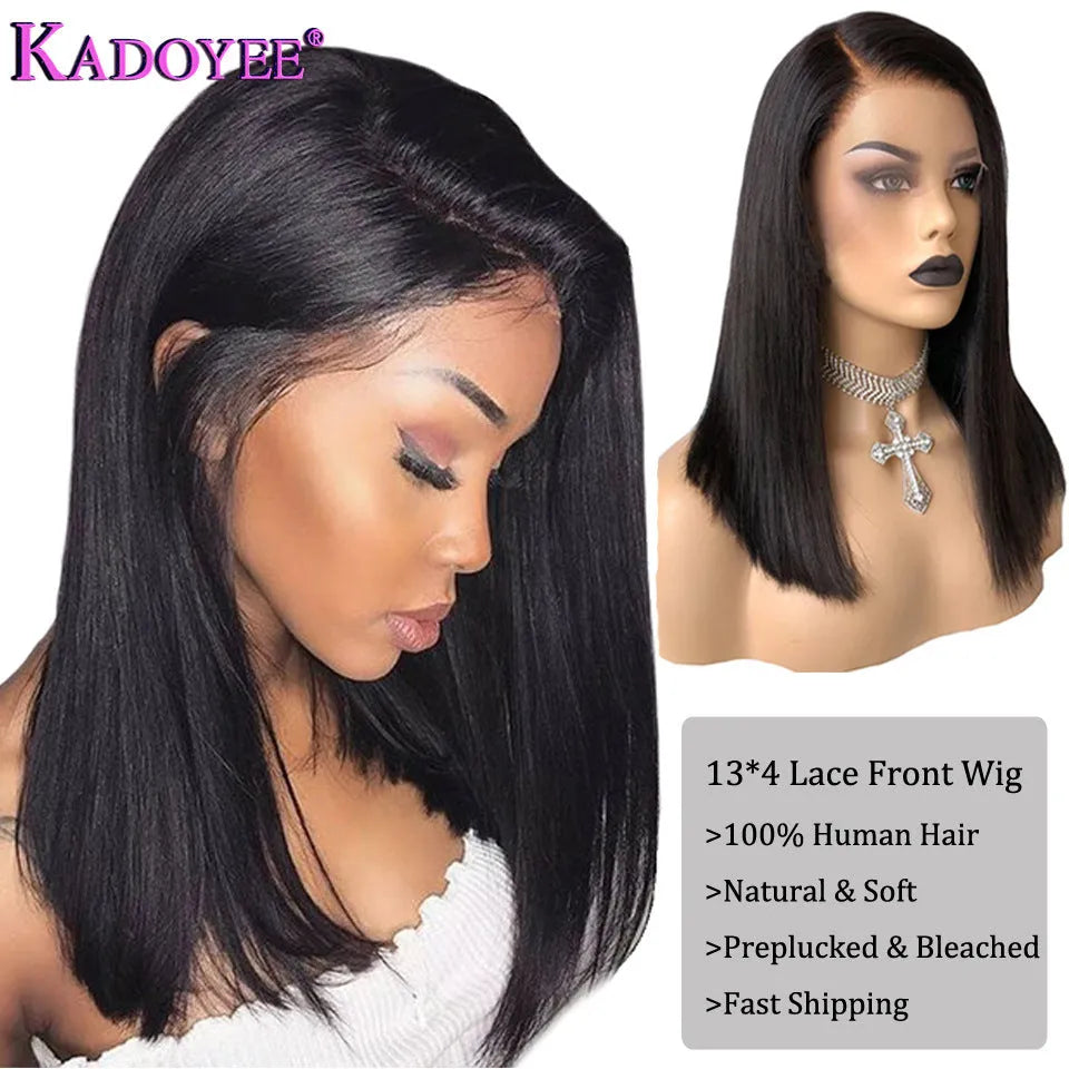Kadoyee 13x4 lace front human hair wig for women, medium long length, half hand woven style
