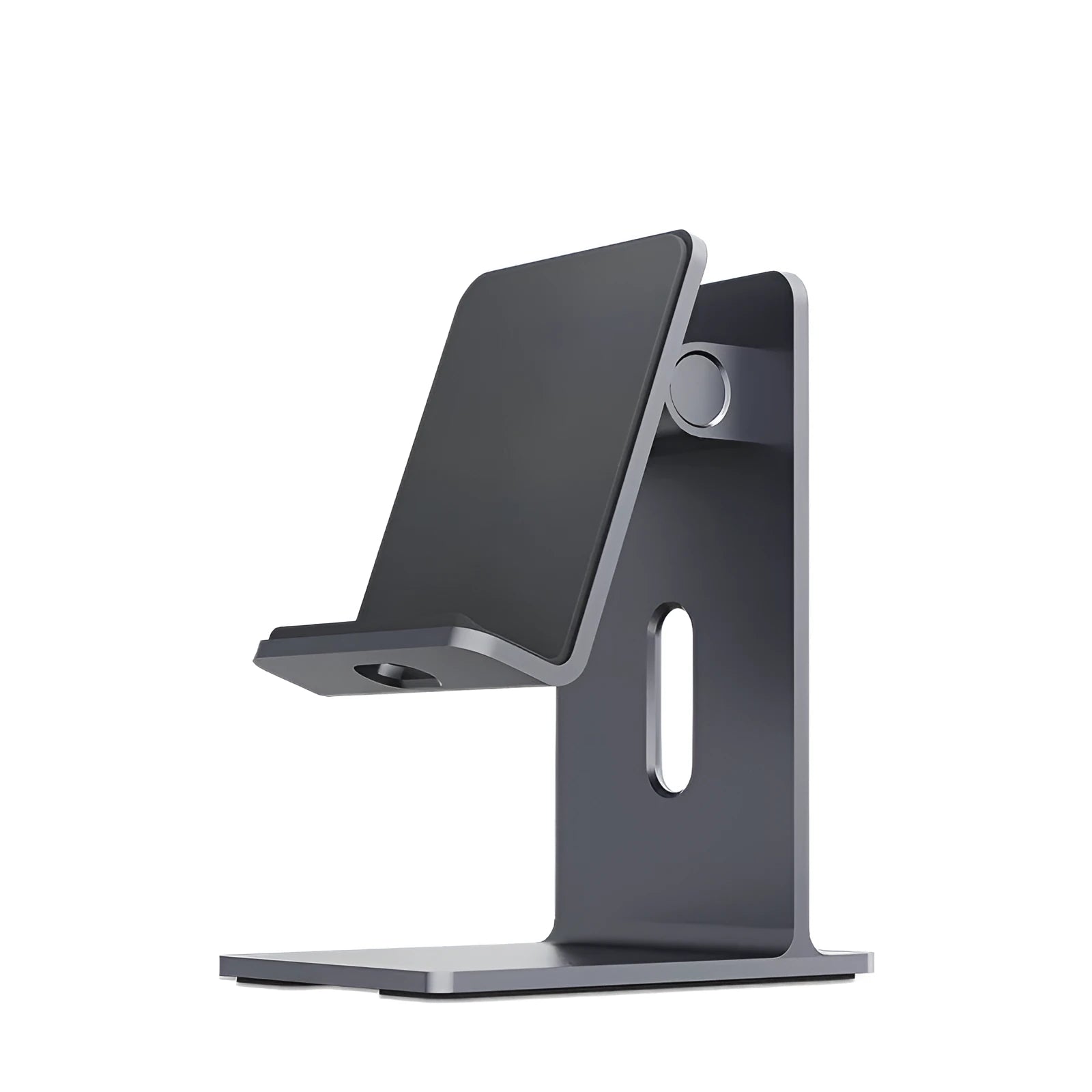 Alloy universal mobile phone and tablet stand in dark space grey colour on a wooden desk.