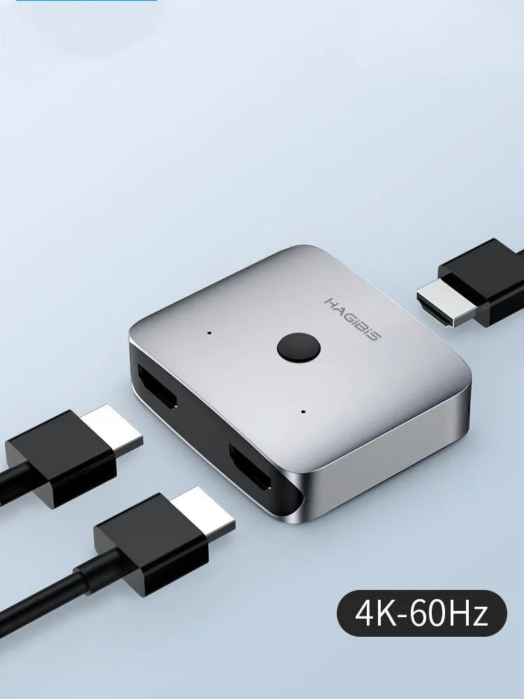 Grey HDMI one to two splitter switcher device for 4K video distribution to computer TV monitor displays
