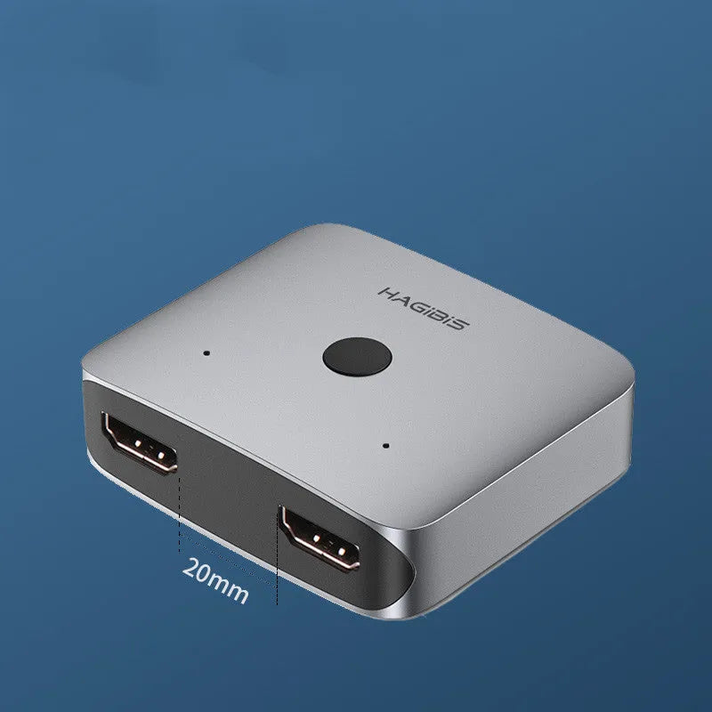 Grey HDMI one to two splitter switcher device for 4K video distribution to computer TV monitor displays