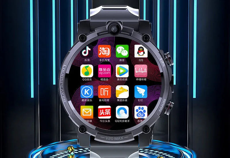 Black adult smartwatch with 1.6 inch screen on a wrist strap, showing 4G, dual camera and heart rate features.