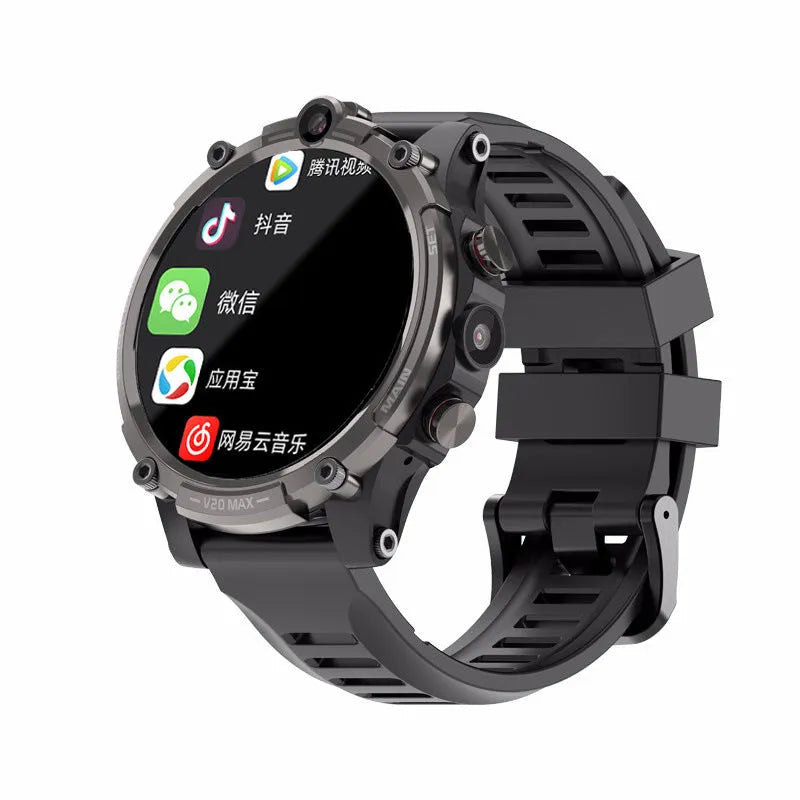 Black adult smartwatch with 1.6 inch screen on a wrist strap, showing 4G, dual camera and heart rate features.