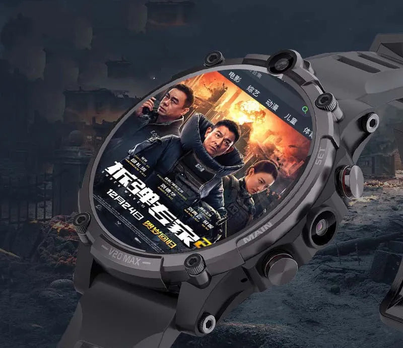 Black adult smartwatch with 1.6 inch screen on a wrist strap, showing 4G, dual camera and heart rate features.