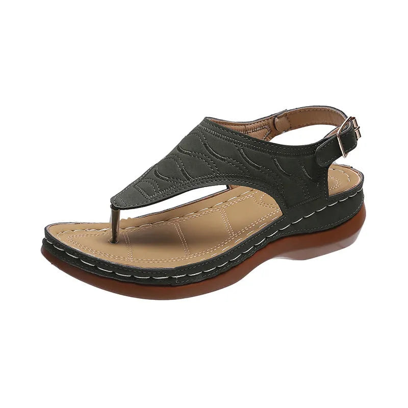 Women's red wedge heel sandals with an adjustable back strap buckle.