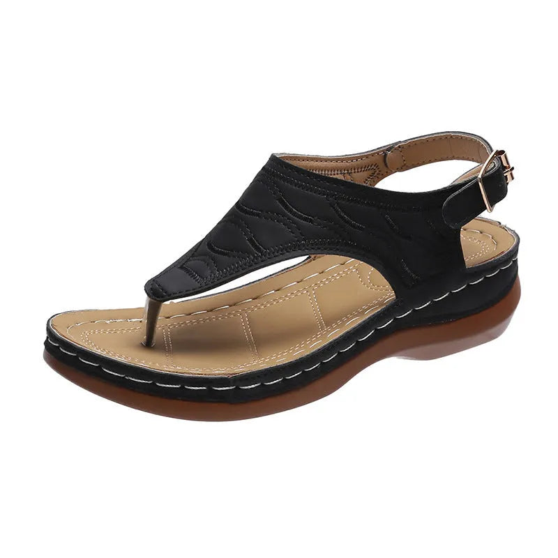 Women's red wedge heel sandals with an adjustable back strap buckle.