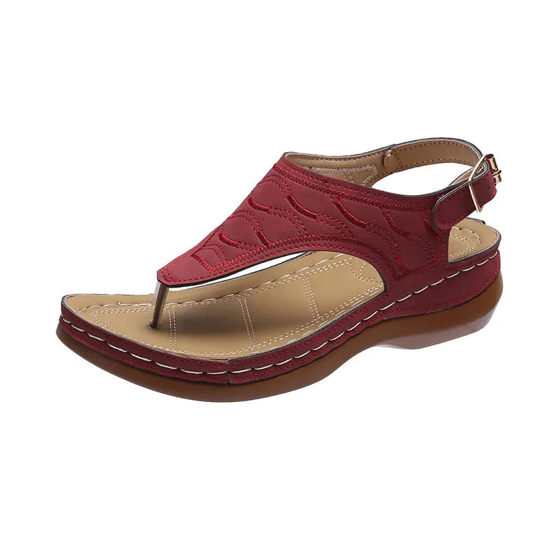 Women's red wedge heel sandals with an adjustable back strap buckle.