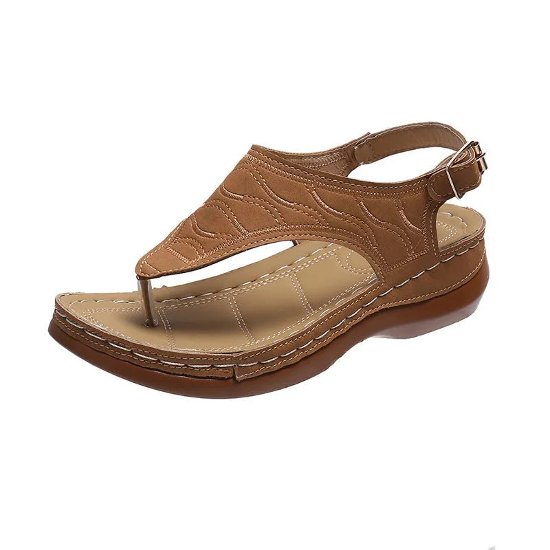 Women's red wedge heel sandals with an adjustable back strap buckle.