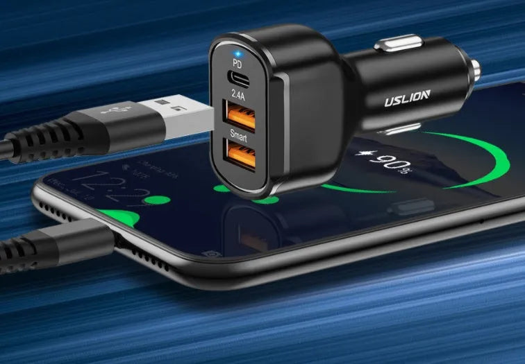 Black ABS+PC mobile phone fast charging car charger with USB output and 24V input