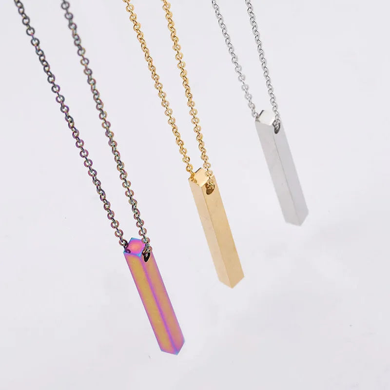 Silver minimalist geometric square pendant necklace on 55cm round bead chain in 316L titanium steel