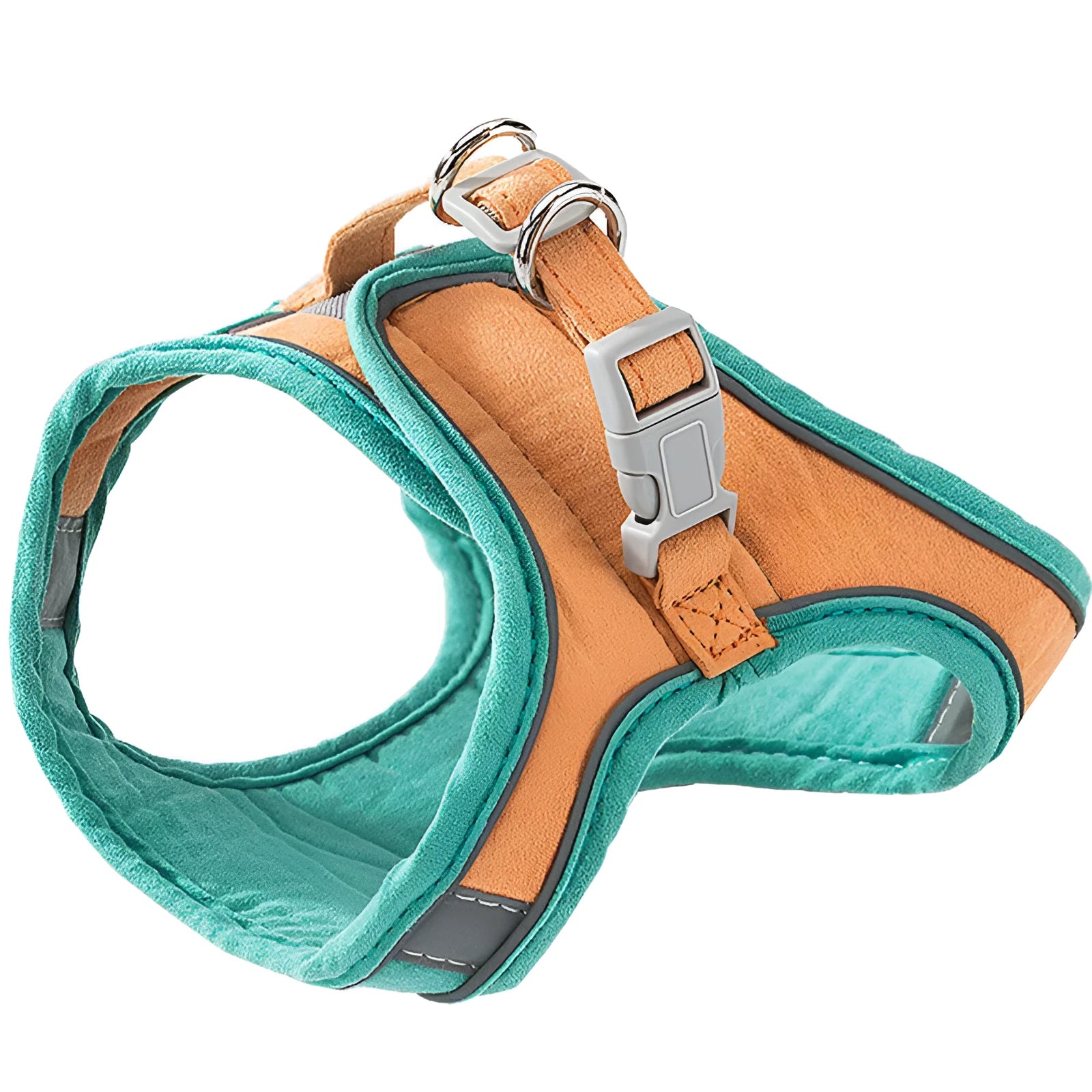 Cat wearing deerskin velvet vest-style reflective harness with matching 1.5m traction rope, green orange stitching