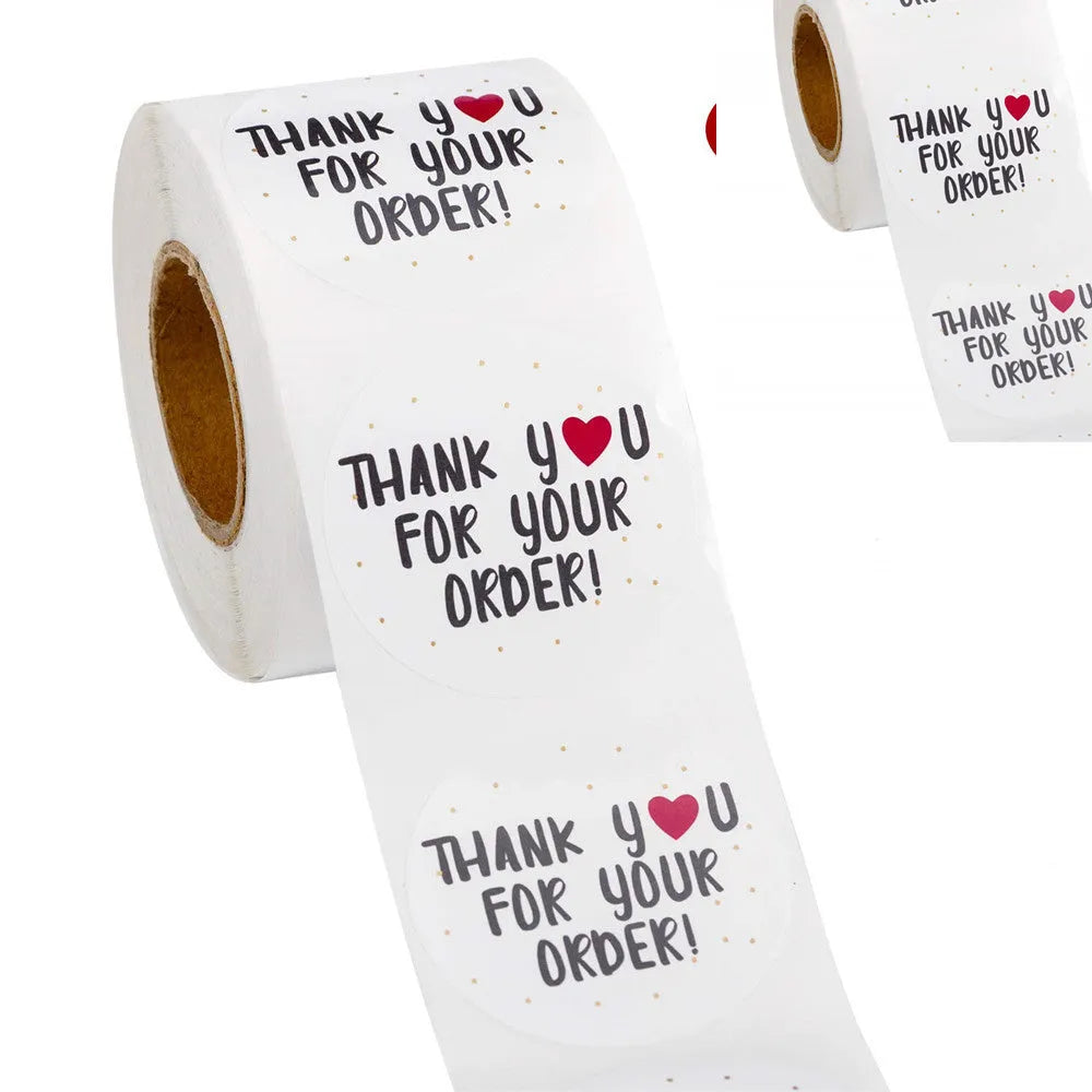 Round white thank you for ordering sticker, 2.5cm diameter, copper plate material, roll of 500 pieces