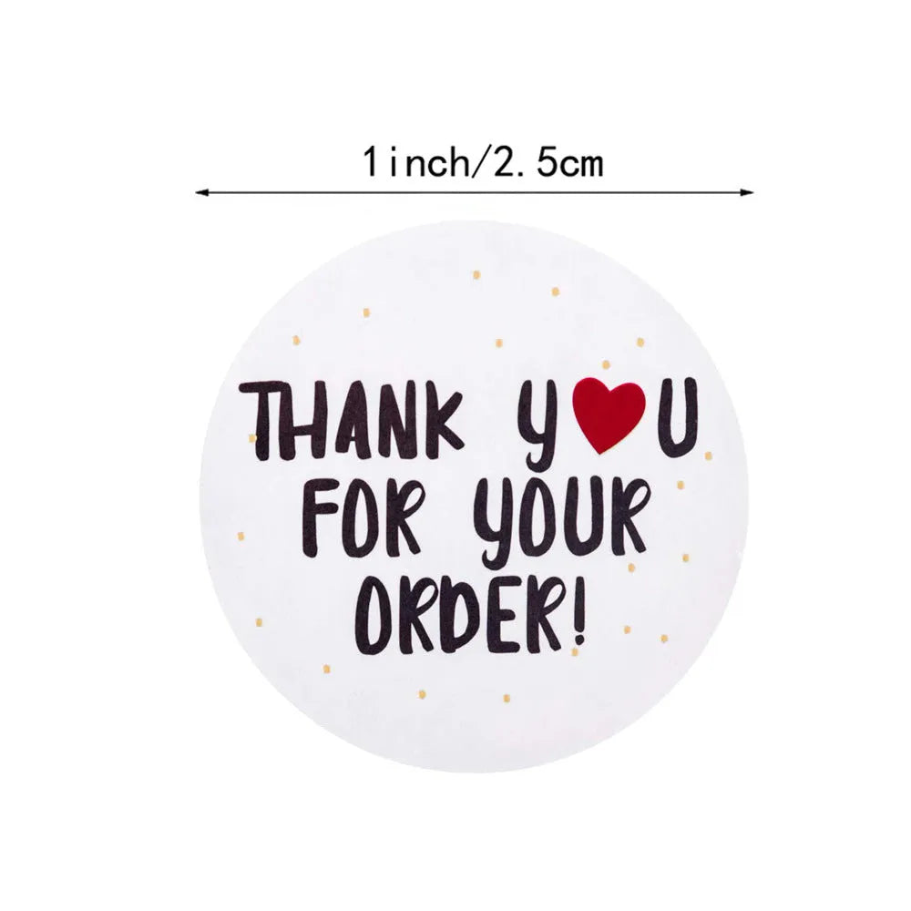 Round white thank you for ordering sticker, 2.5cm diameter, copper plate material, roll of 500 pieces
