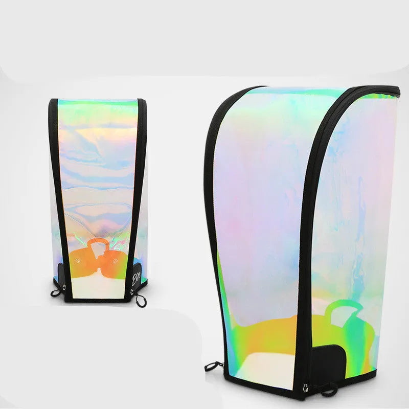 Colourful translucent TPU bag cap with adjustable buckle, shown next to a sports bag.
