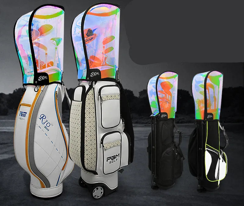 Colourful translucent TPU bag cap with adjustable buckle, shown next to a sports bag.