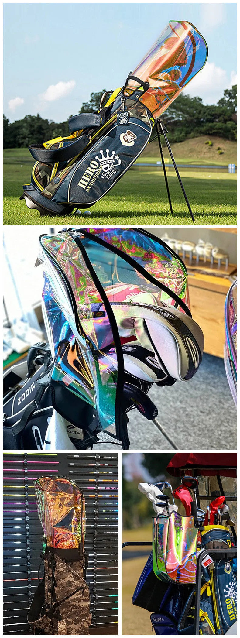 Colourful translucent TPU bag cap with adjustable buckle, shown next to a sports bag.