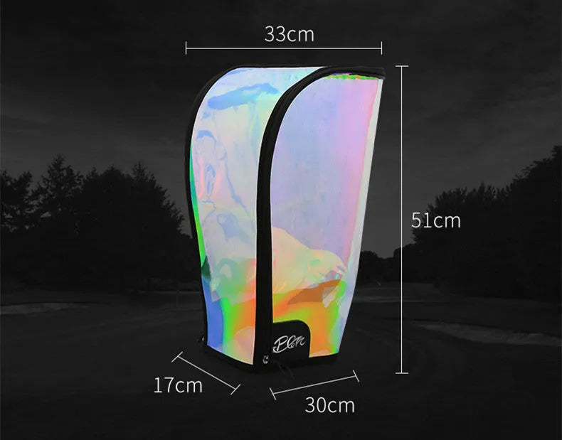 Colourful translucent TPU bag cap with adjustable buckle, shown next to a sports bag.
