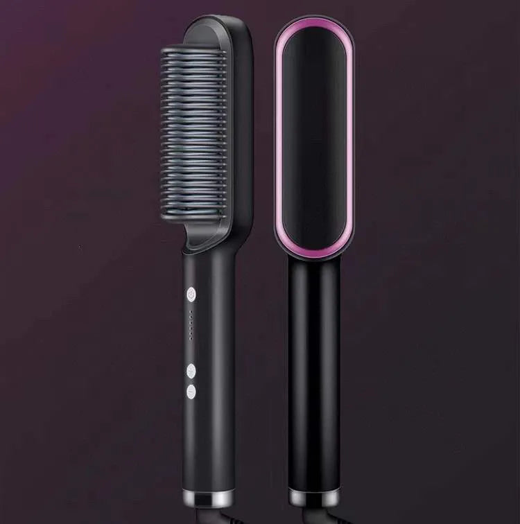 Red dual-function hair straightener comb with curling tong and tourmaline ceramic plates