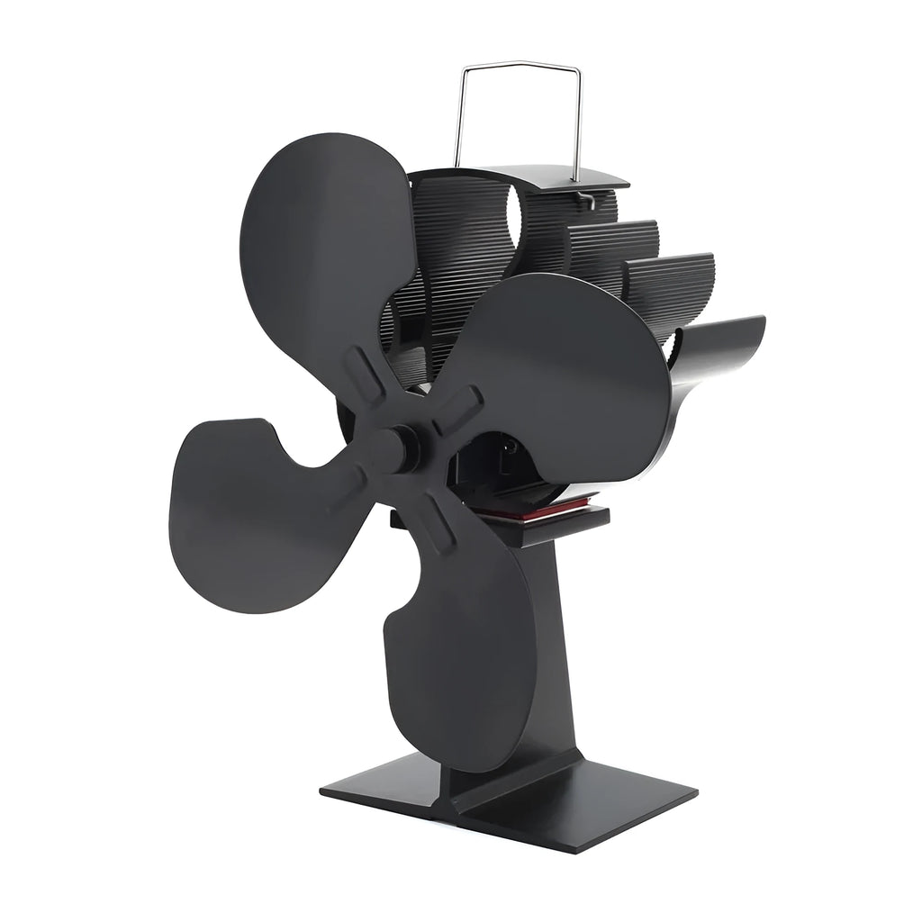 Black Yotsuba style thermodynamic fireplace fan on a hearth.