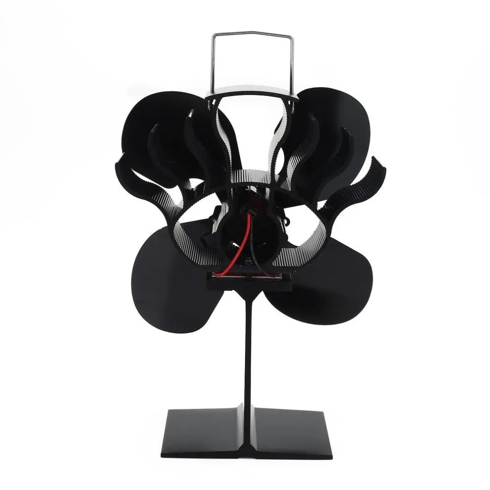 Black Yotsuba style thermodynamic fireplace fan on a hearth.