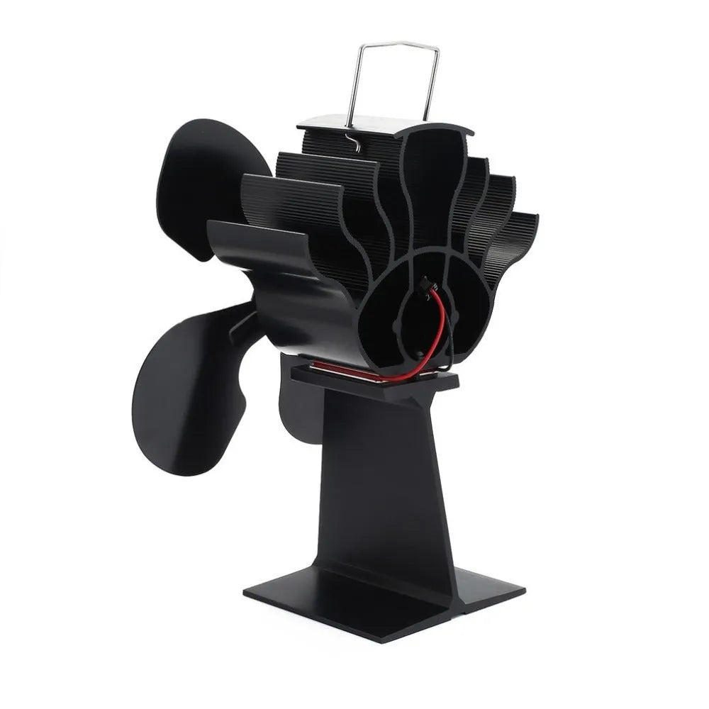 Black Yotsuba style thermodynamic fireplace fan on a hearth.