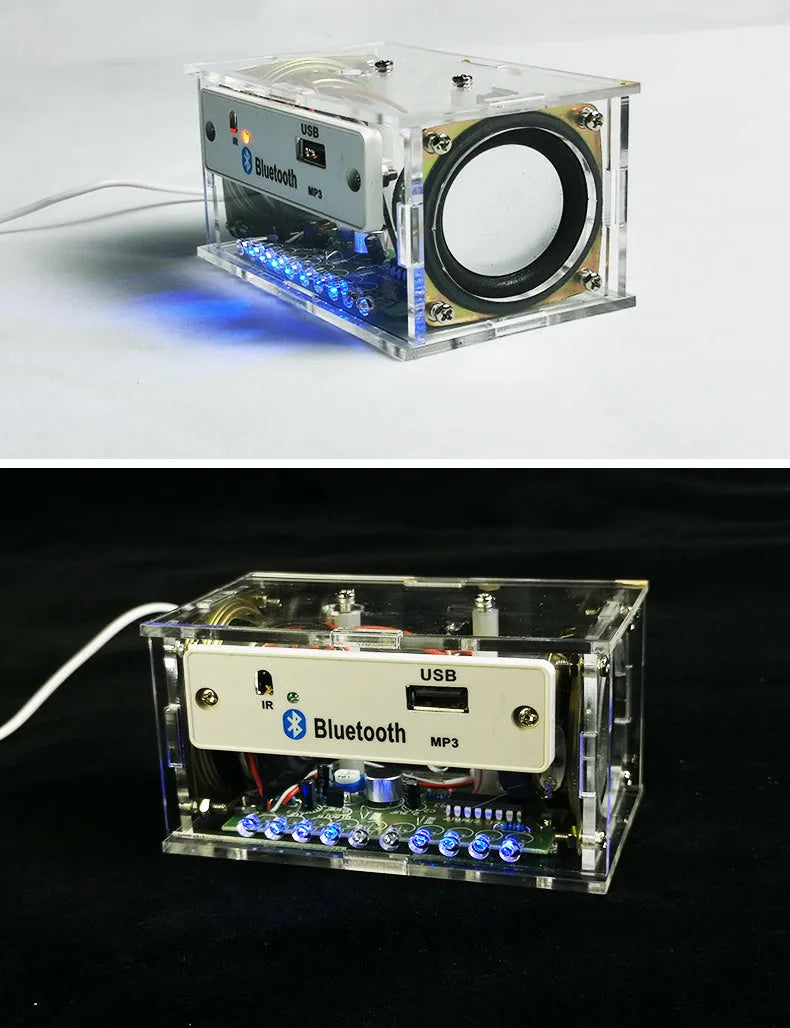 Bluetooth speaker DIY kit with electronic components and transparent acrylic housing shell
