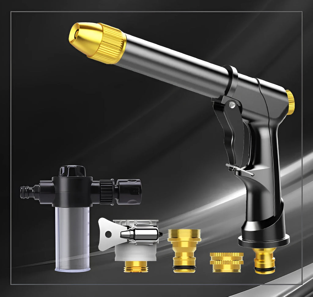 Aluminium alloy telescopic garden hose with metal multi-spray water gun, shown contracted and extended.