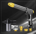Aluminium alloy telescopic garden hose with metal multi-spray water gun, shown contracted and extended.