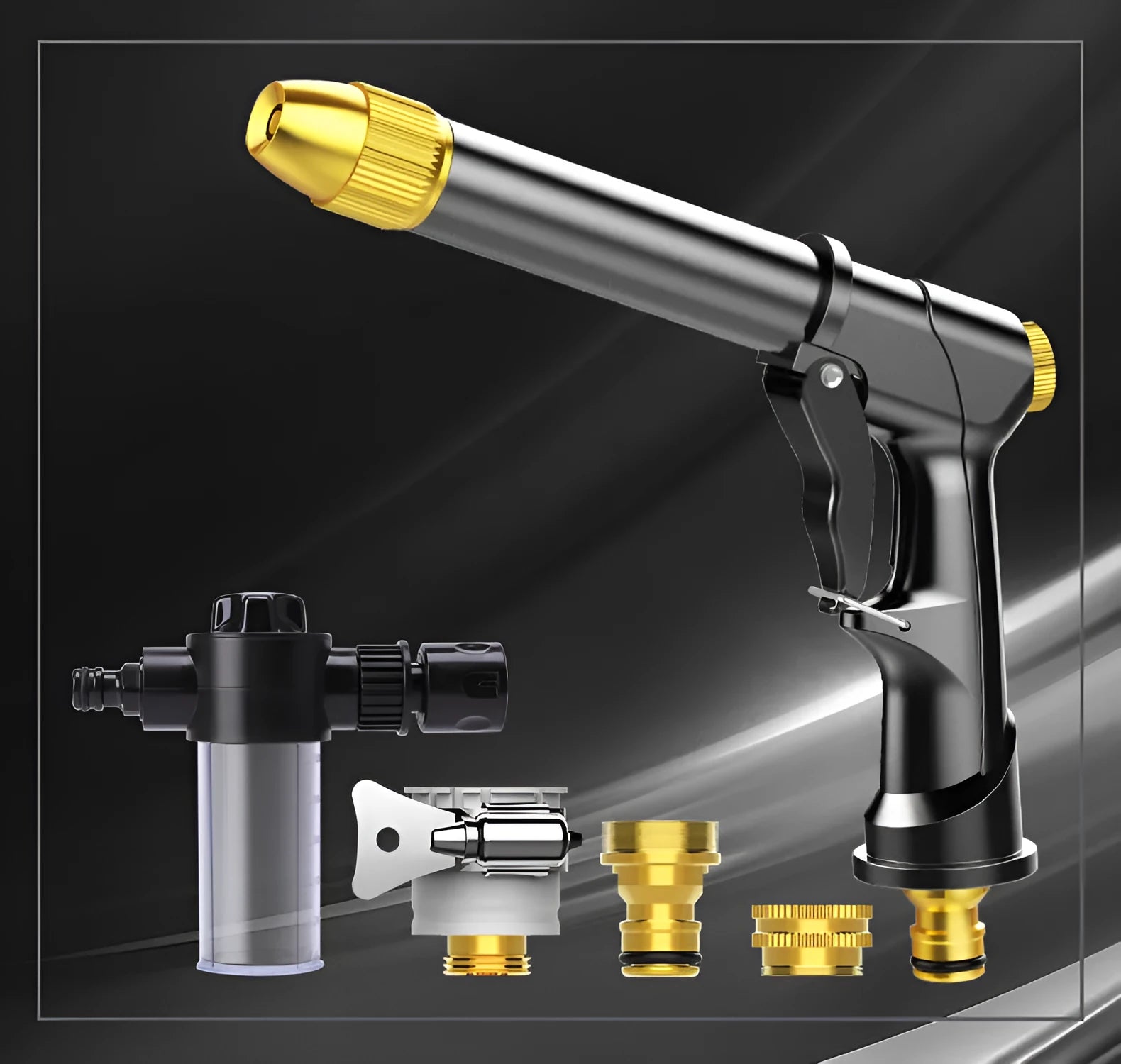 Aluminium alloy telescopic garden hose with metal multi-spray water gun, shown contracted and extended.