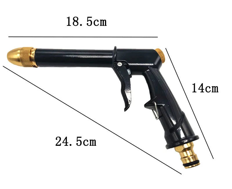 Aluminium alloy telescopic garden hose with metal multi-spray water gun, shown contracted and extended.