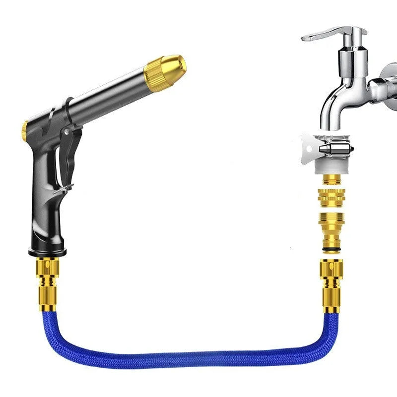Aluminium alloy telescopic garden hose with metal multi-spray water gun, shown contracted and extended.