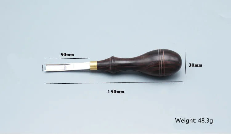 Professional hair thinning knife with leather handle, showing sectional cutting and wide shovel edges.