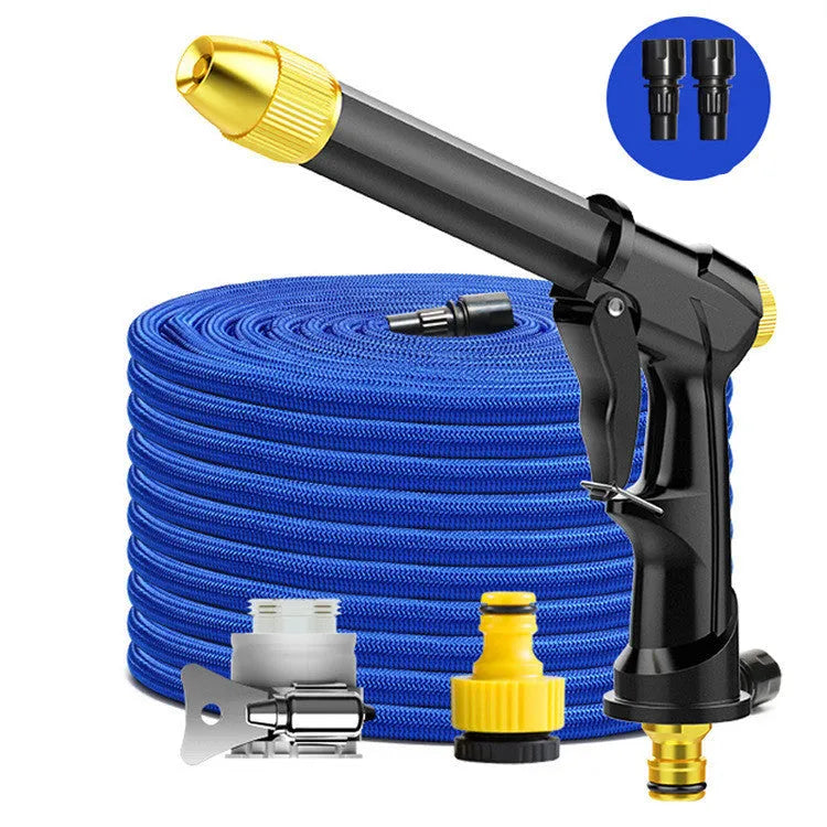Aluminium alloy telescopic garden hose with metal multi-spray water gun, shown contracted and extended.