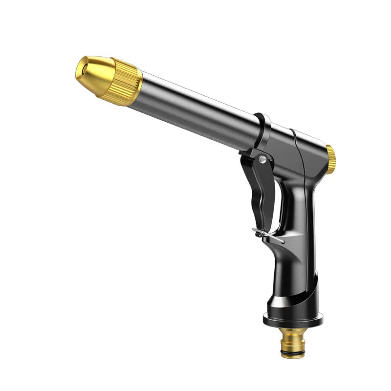 Aluminium alloy telescopic garden hose with metal multi-spray water gun, shown contracted and extended.