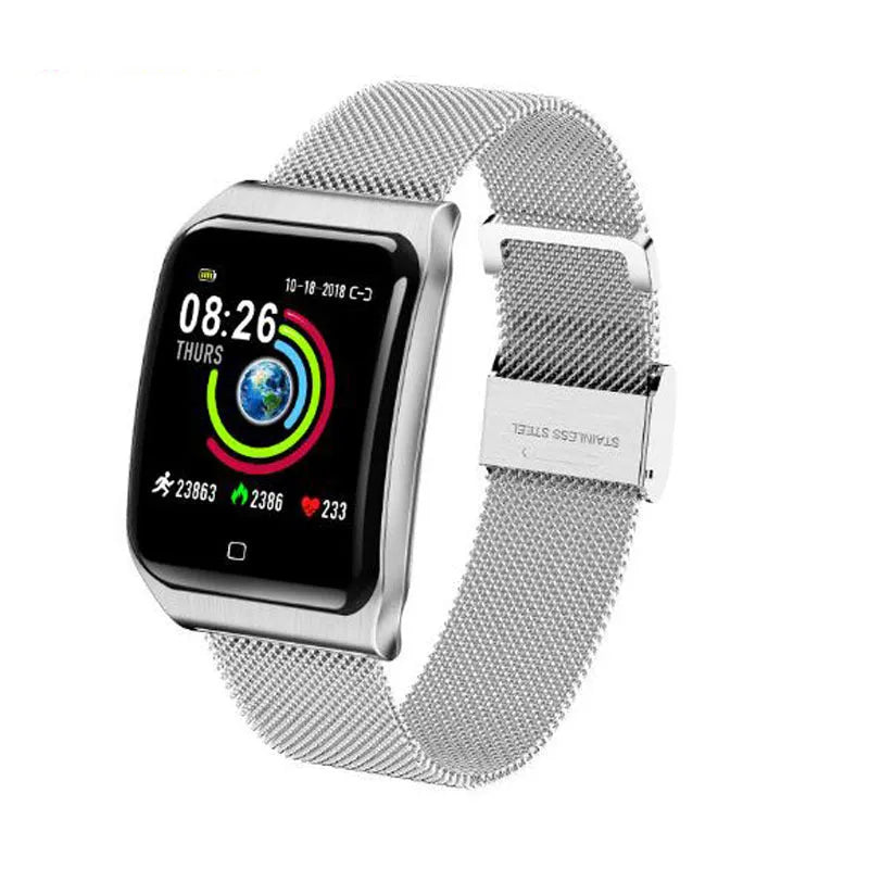 F9 colour screen smart bracelet with metal strap in black, displaying heart rate data on 1.3-inch IPS TFT screen