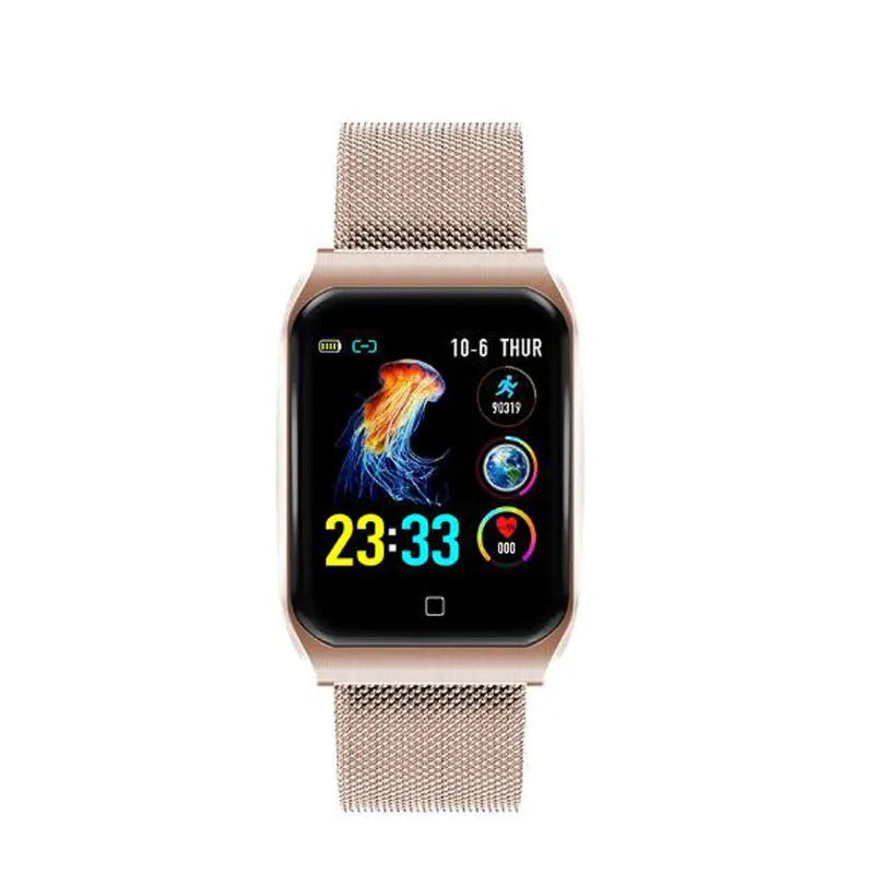 F9 colour screen smart bracelet with metal strap in black, displaying heart rate data on 1.3-inch IPS TFT screen