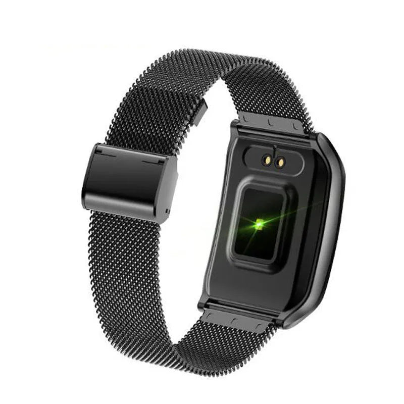 F9 colour screen smart bracelet with metal strap in black, displaying heart rate data on 1.3-inch IPS TFT screen