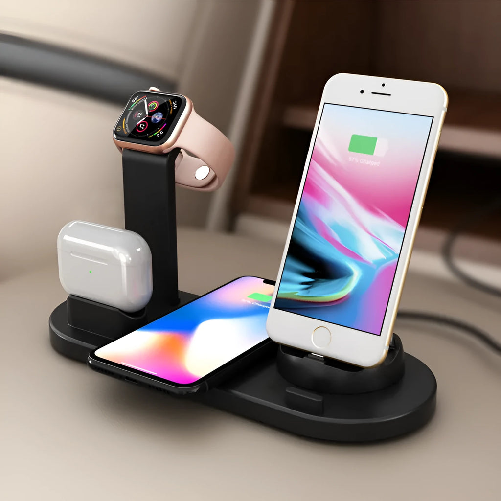 Black three-in-one wireless charging station holding an Apple Watch, AirPods case, and an iPhone.