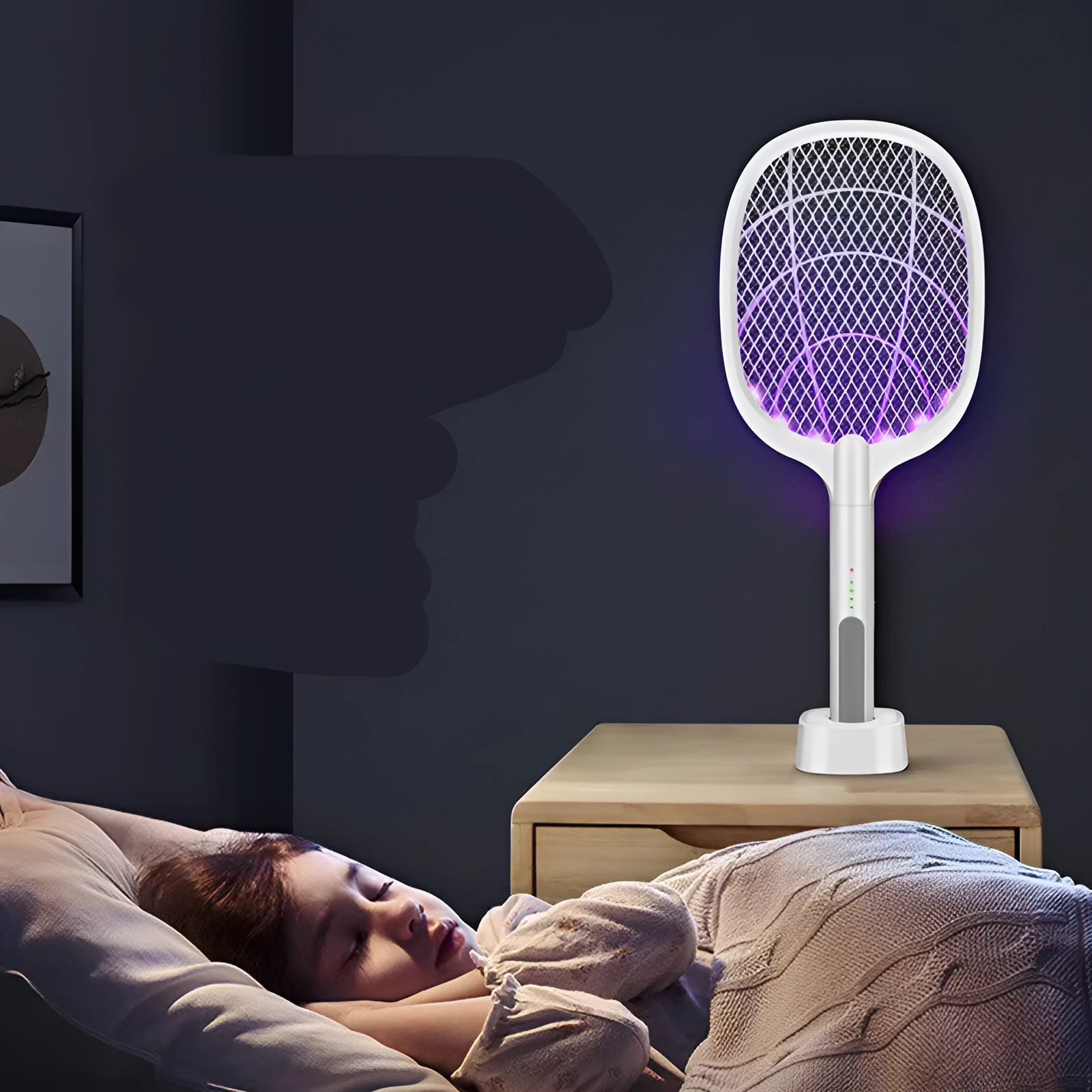 Rechargeable electric mosquito swatter with metal mesh grid and USB charging cable