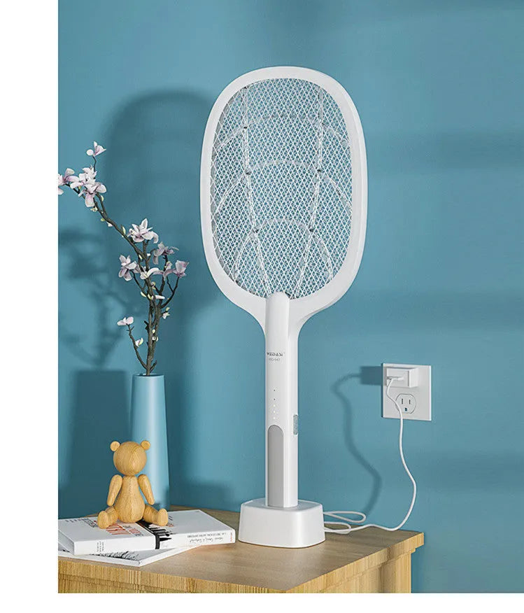 Rechargeable electric mosquito swatter with metal mesh grid and USB charging cable