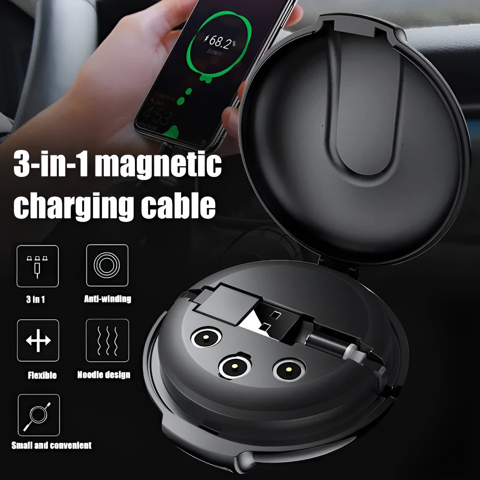 Black magnetic retractable style 3-in-1 charger with car mounting patch and retractable cable