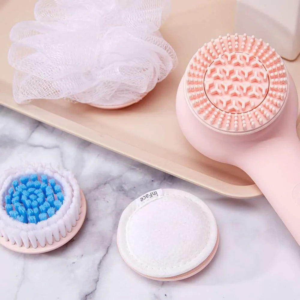 Grey and pink automatic electric shower brush with four rotating heads for back cleansing