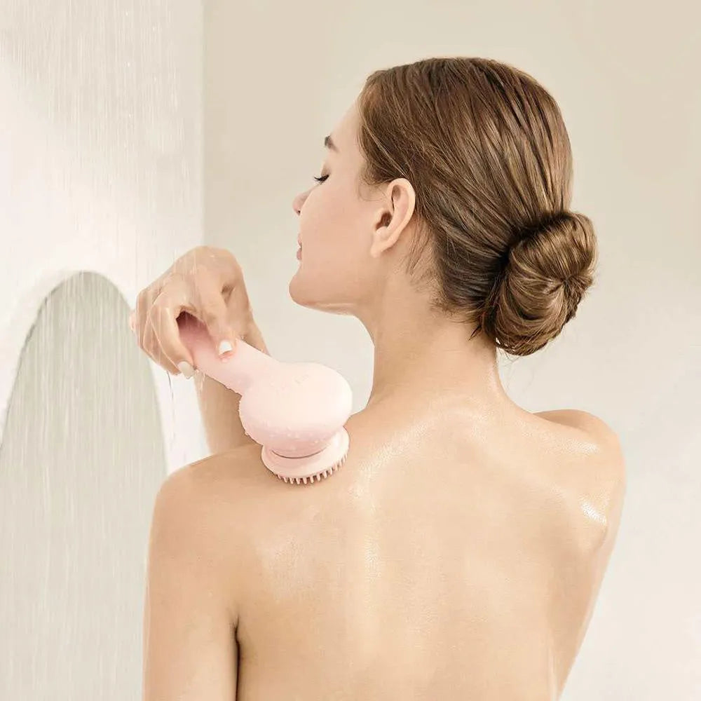 Grey and pink automatic electric shower brush with four rotating heads for back cleansing