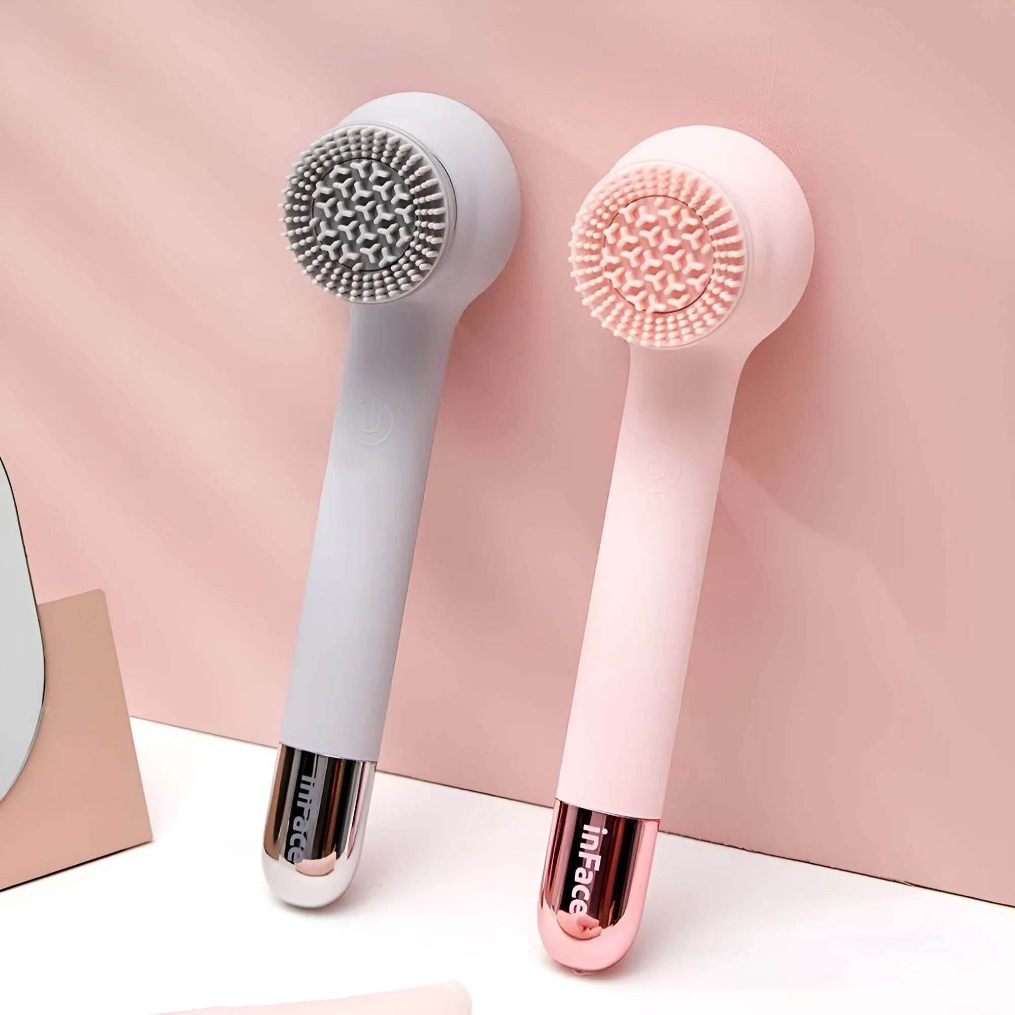 Grey and pink automatic electric shower brush with four rotating heads for back cleansing