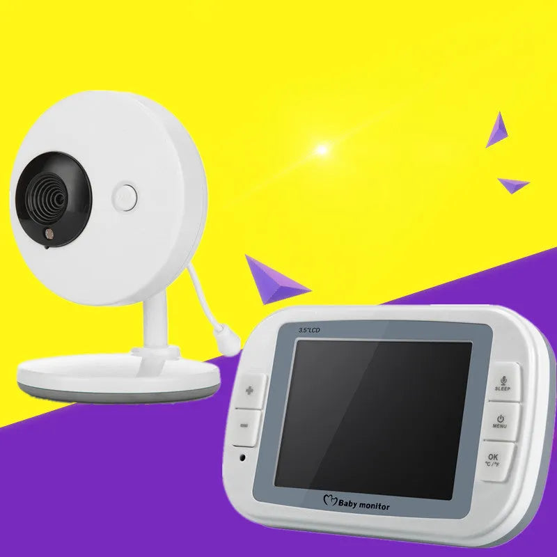 White wireless baby monitor with 3.5 inch screen showing night vision camera footage and temperature display