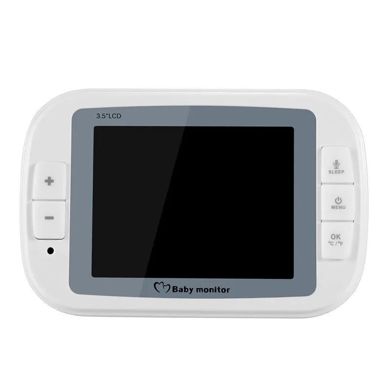 White wireless baby monitor with 3.5 inch screen showing night vision camera footage and temperature display
