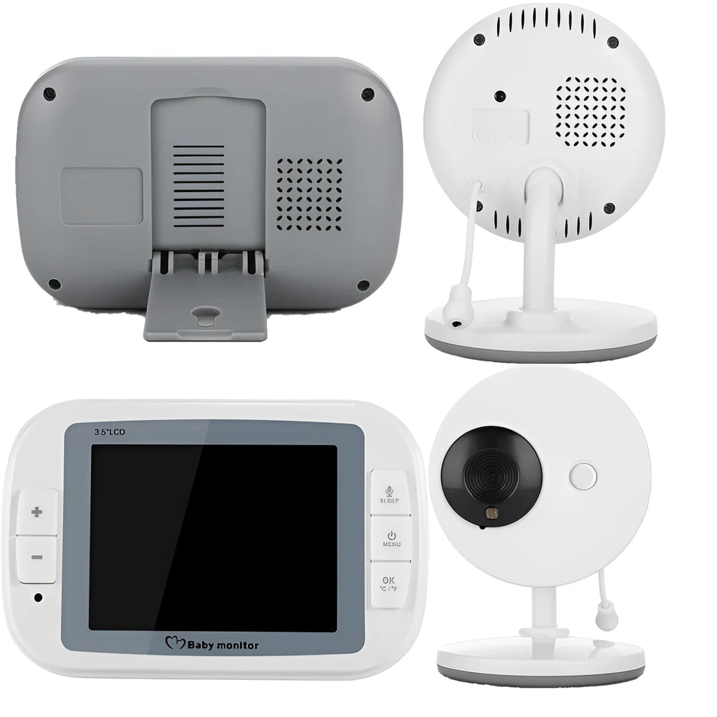 White wireless baby monitor with 3.5 inch screen showing night vision camera footage and temperature display