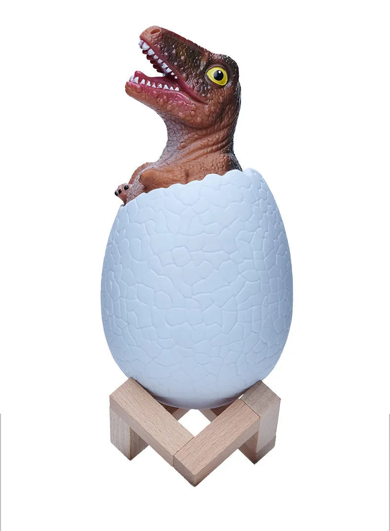 3D printed dinosaur night light with colour changing LEDs on wooden display bracket