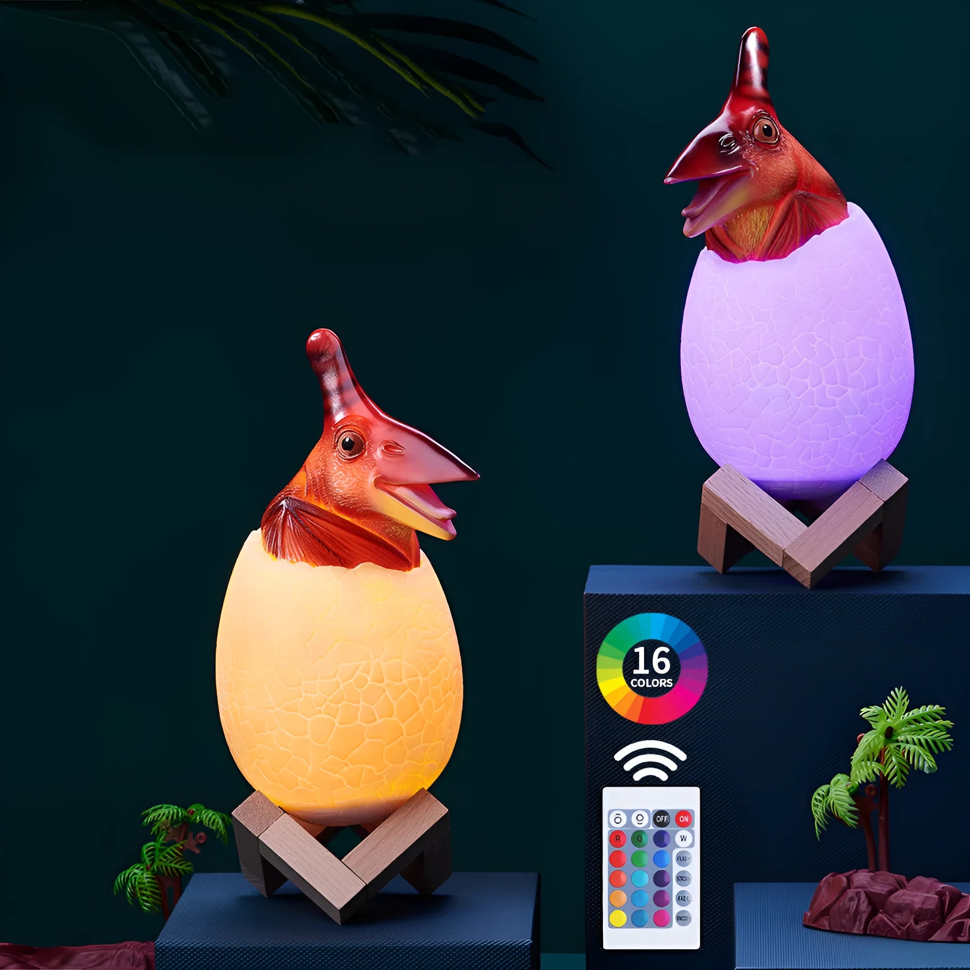 3D printed dinosaur night light with colour changing LEDs on wooden display bracket