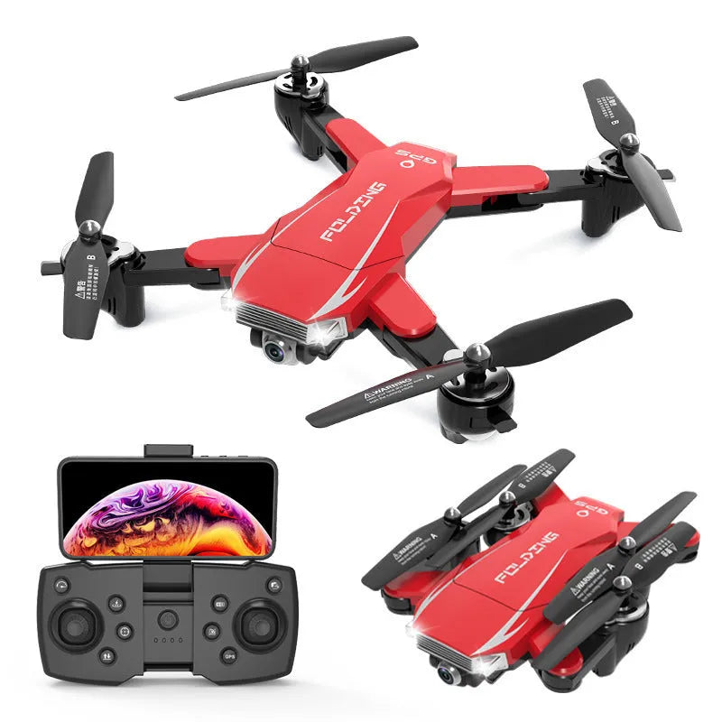 Black and red folding quadrocopter drone with remote control handle for children